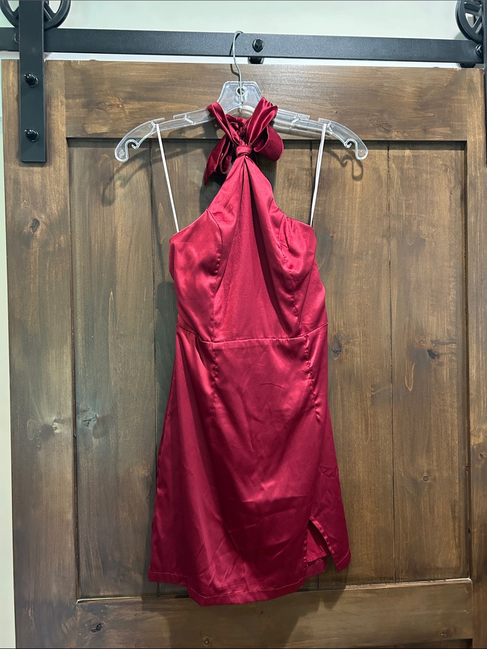A85 NWT Luvalot Red Wine Satin Halter Tie Mini Dress Size 4